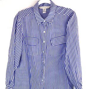 Melrose Silk Studio 100% Silk Blue White Stripe Blouse – PM – Button Front – Pet